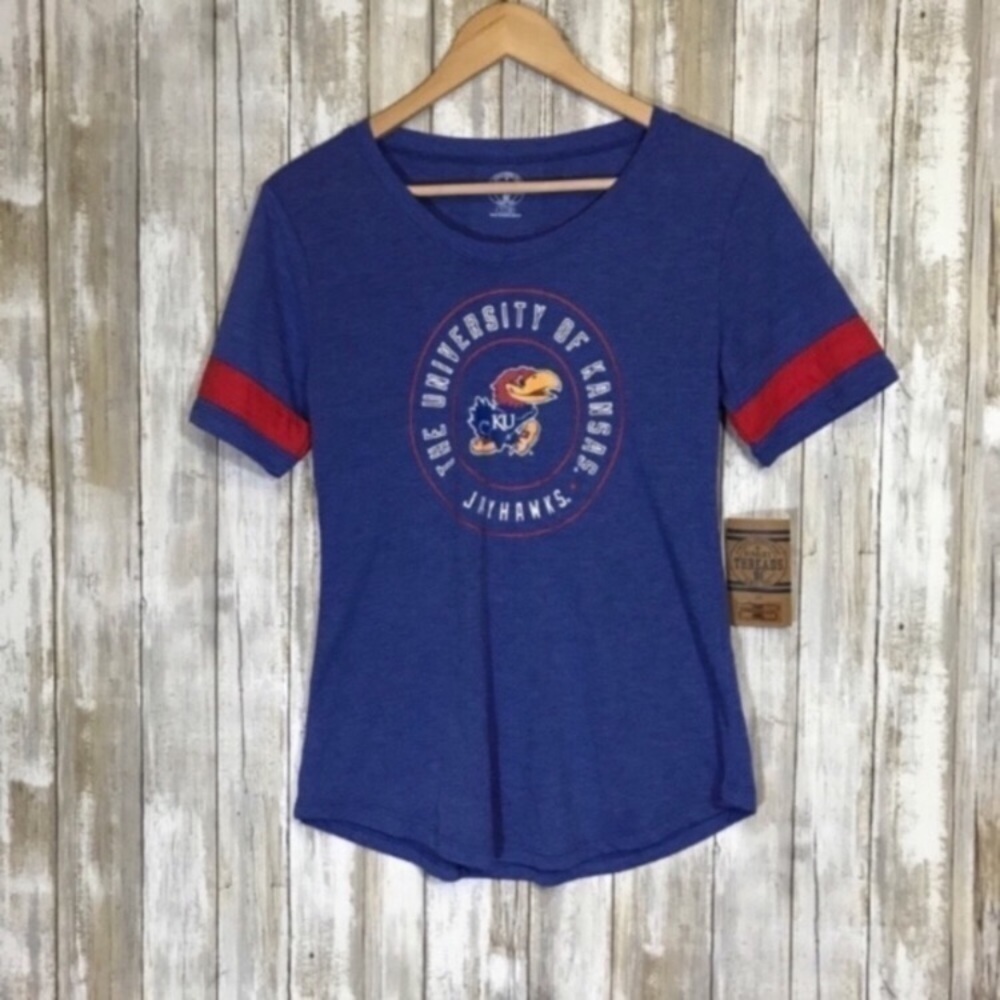 Kansas Jayhawks Women’s Tee Small Blue Red Stripe Sleeve NCAA KU Game Day Shirt - Picture 1 of 4